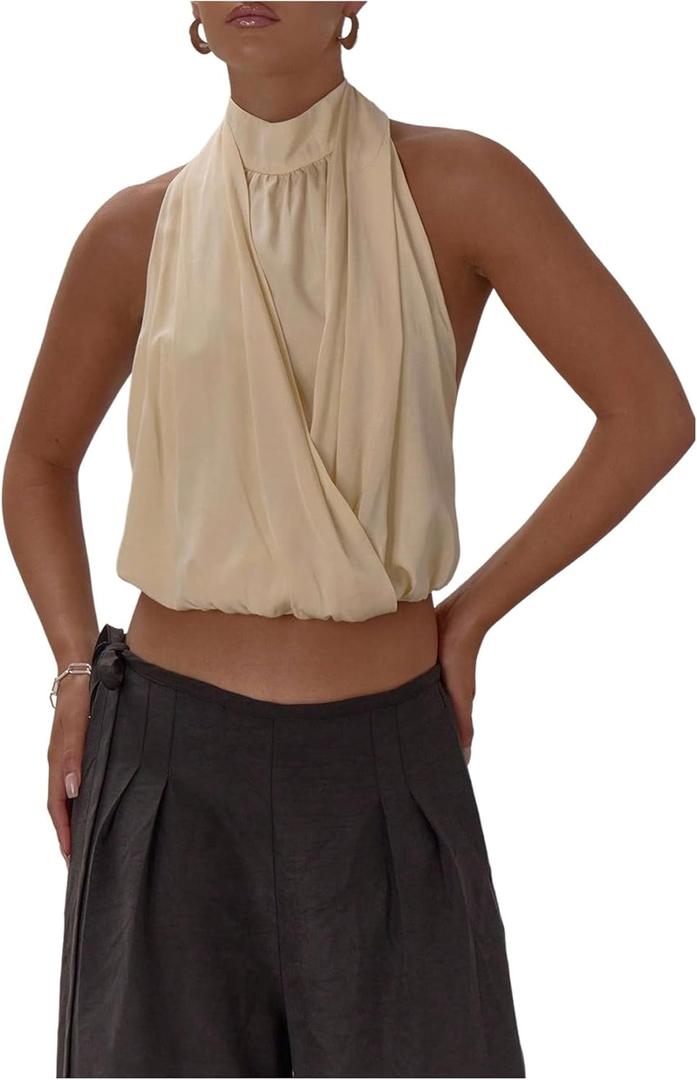 MakeMeChic Women's Draped Crop Halter Top Sleeveless Tie Open Back Fitted Tank Tops (Small)