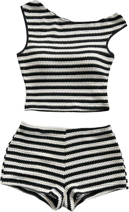 SOLY HUX Women's 2 Piece Striped Off The Shoulder Crop Tops and Mini Shorts Set Summer Y2K Going Out Outfits, Size M