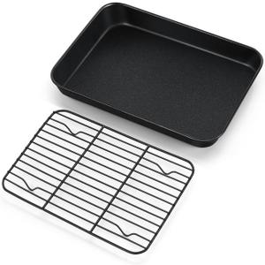 TeamFar Toaster Oven Pan with Rack Set, 9.25 x 7 x 1 Inch Carbon Steel Mini Baking Pan Tray with Cooling Rack for Roasting Cooling, Non-Toxic & Heavy Duty, Nonstick & Easy Clean