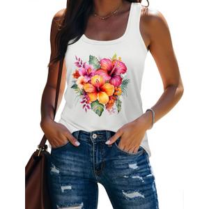 Beach Vacation Clothes for Women Sleeveless Graphic Tees Tank Tops 2025 Summer Casual Loose Fit Shirts Camisole (Small, White Flower)