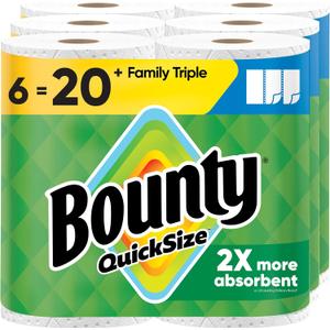 Bounty Paper Towels Quick Size, White, 6 Family Triple Rolls = 20+ Regular Rolls