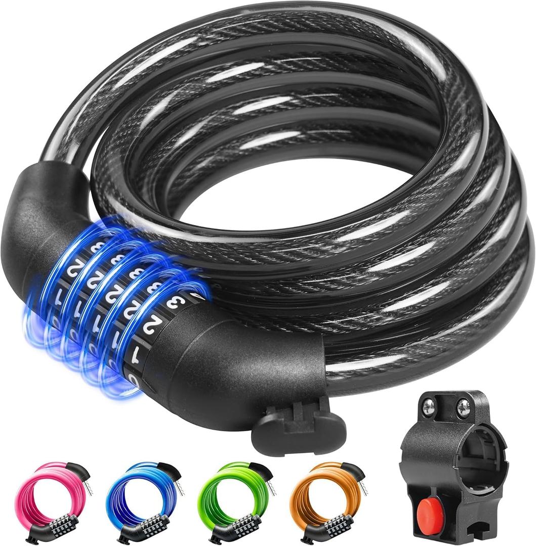 KEYSTP Bike Lock Cable with Combination,High Security 5-Digit Resettable Combination Bicycle Lock Anti-Theft, with Mounting Bracket for Bikes and Scooters, Black, 12-mm