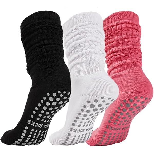 Kuunioli Pilates Socks with Grips for Women, Yoga Slouch Socks, Non Silp Scrunch Slipper Long Sock for Hospital Barre Workout