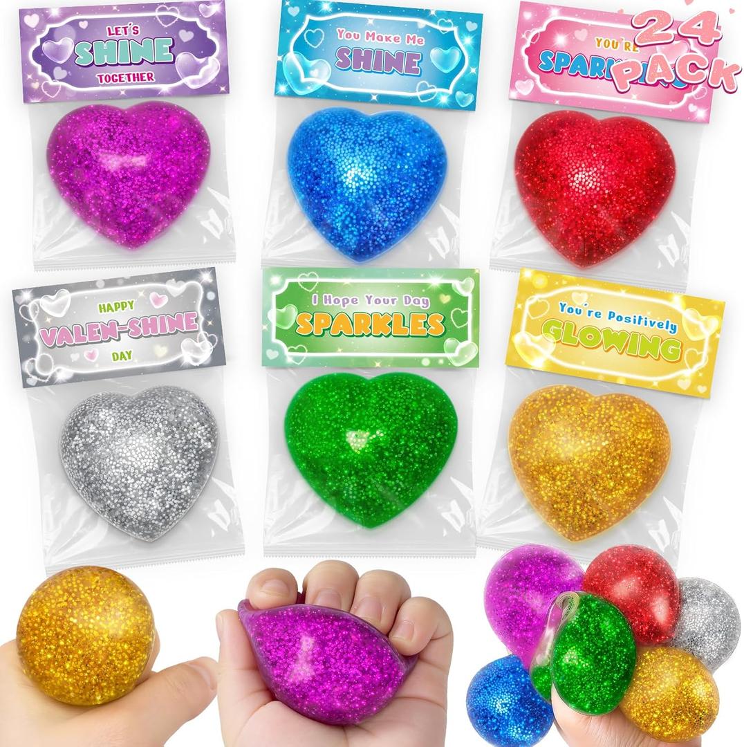 Valentines Day Gifts for Kids with Heart Stress Balls, 24 Packs Valentines Day Cards for Kids School Stress Relief Squeeze Toys for Boys Girls Valentine Classroom Exchange Party Favors