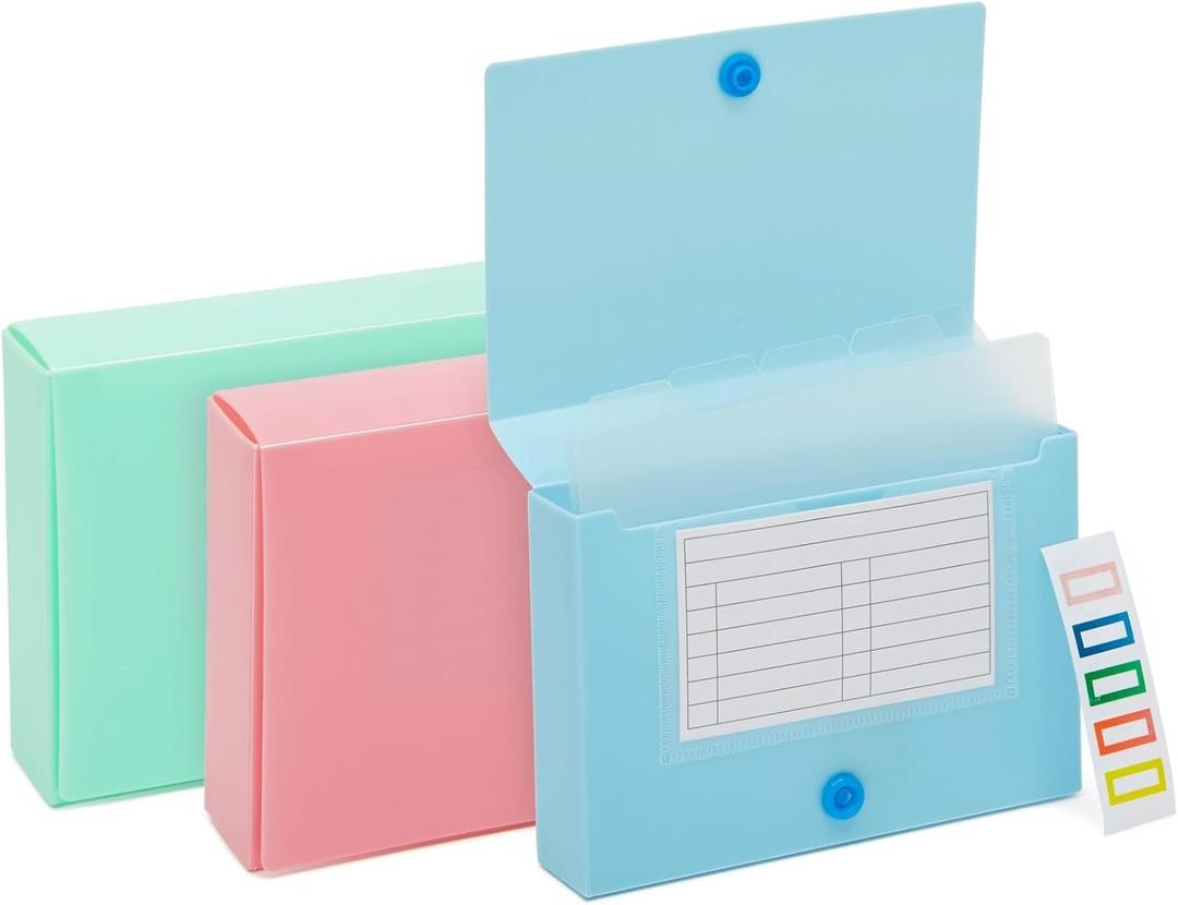 3x5 Index Card Holder with 5 Dividers, Labels (3 Colors, 3 Pack)