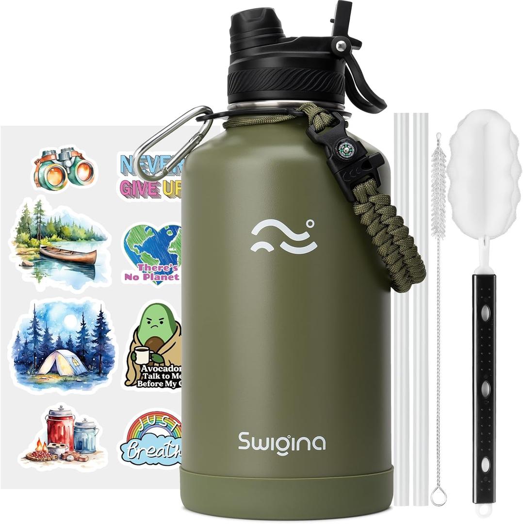 [2-IN-1 LID] 64 oz Insulated Water Bottle with Silicone Boot (48hrs Cold/24hrs Hot) - DIY Stickers, Leakproof, BPA Free, Half Gallon (Army Green)