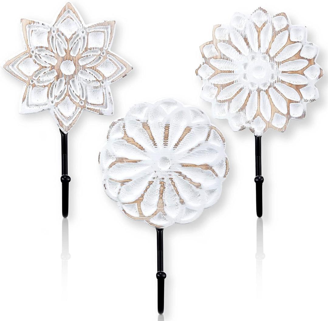 Weysat 3 Pcs Decorative Wood Farmhouse Flower Coat Hooks, Distressed Vintage Wall Hooks with Screws, White Decoration for Key Towel(Classic)