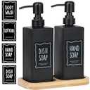 LuHeToz 16OZ Modern soap Dispenser Set with Bamboo Tray and Stainless Steel Pump and Four Waterproof Labels. Luxury Soap Bottle for Kitchen, Bathroom. (2, Black 2pack)
