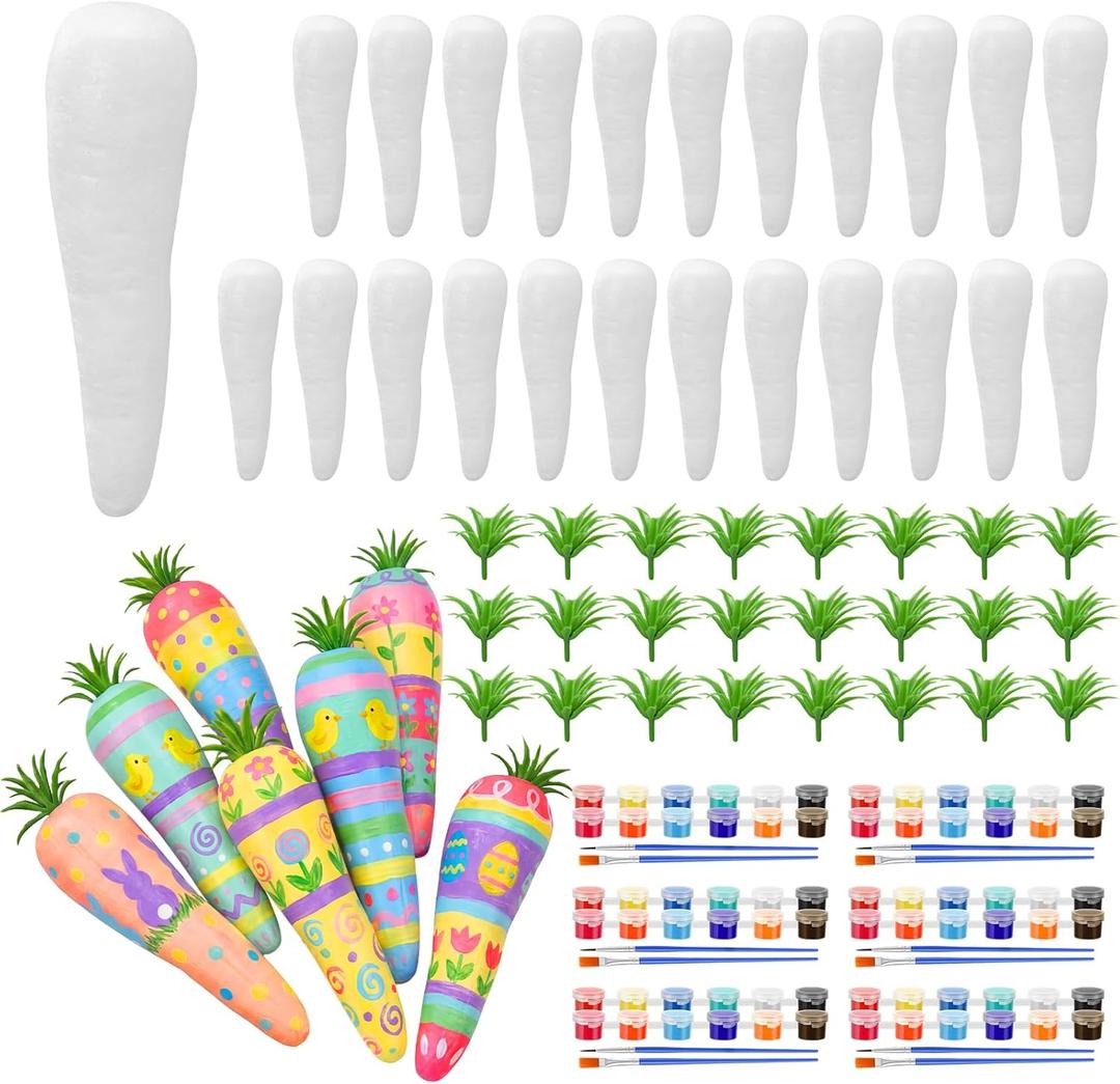 Gemscream 72 Pcs 5 Inch Easter DIY Foam Carrot Unfinished Kits White Simulated Polystyrene Craft Bulk Carrot DIY Spring Paint Your Own with Artificial Grass for Easter Kitchen Party Basket Decor
