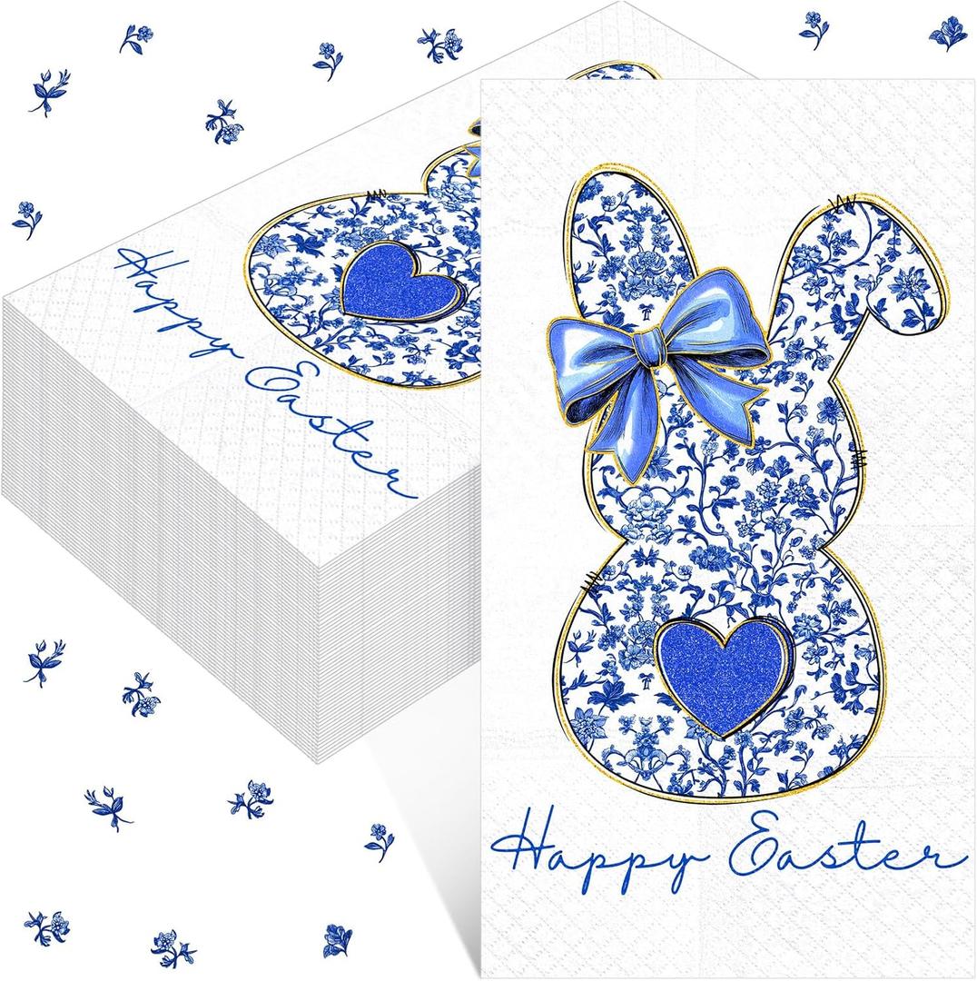 Peryiter 100 Pcs Easter Blue White Bunny Paper Napkins Spring Chinoiserie Flower Coquette Bunny Napkins Grandmillennial Disposable Rabbit Dinner Hand Towel for Easter Spring Birthday Party Supplies