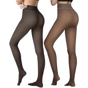Caprilite 2 Pairs Women Fleece Lined Tights-Fake Translucent Leggings High Waist Pantyhose Sheer Thick Warm Tights For Women L