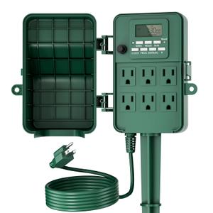 BN-LINK Outdoor Power Stake, 7-Day Programmable Digital Timer, 6 Outlets, 6FT Extension Cord, Waterproof Perfect for Christmas, Halloween, Garden Decorations, ETL Listed