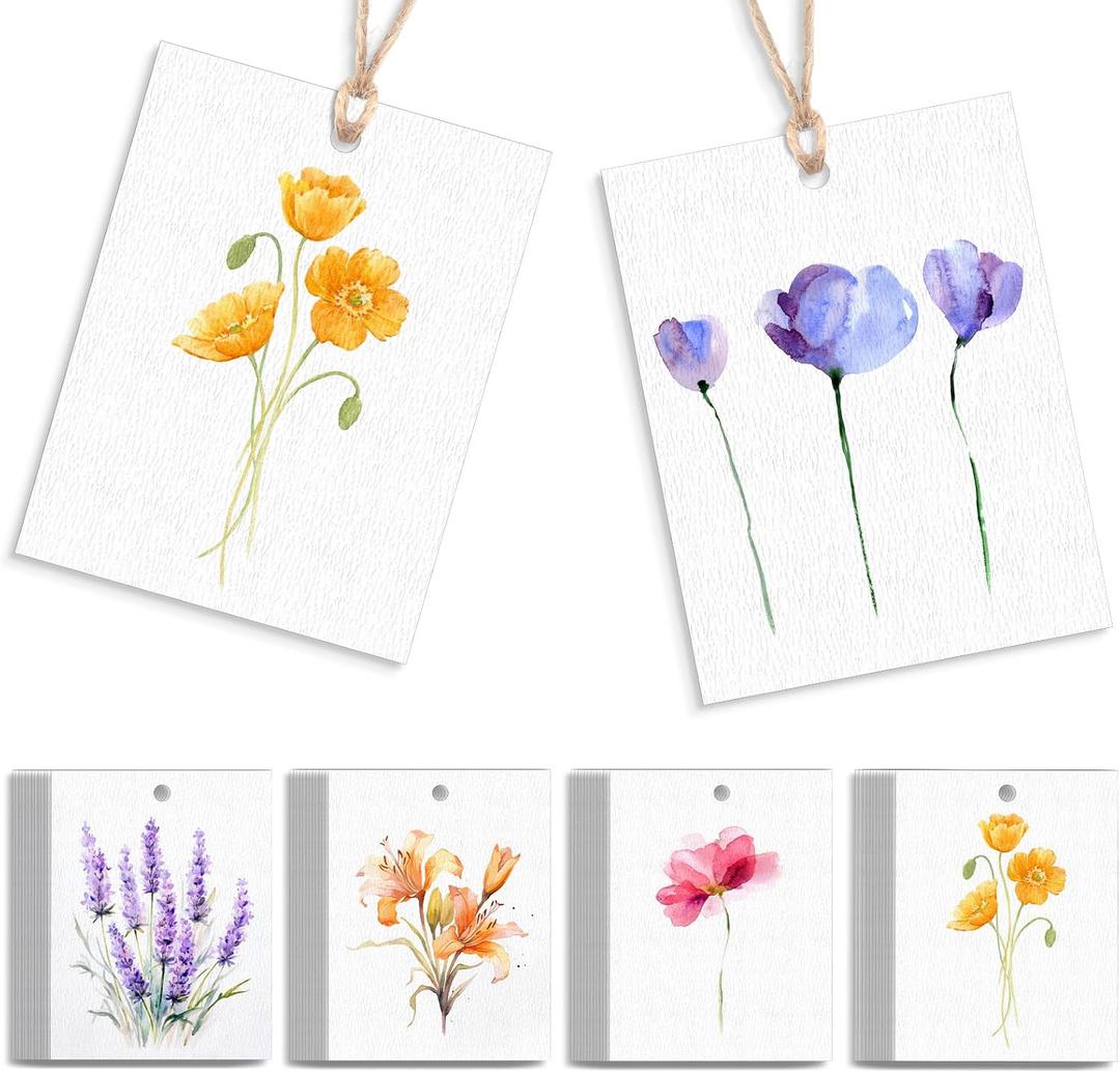 50 Set Floral Blank Gift Tags with String, 2 x 3 in Watercolor Floral Xmas Gift Paper Tags Hanging Label Set for 5 Flower Designs for Bridal Baby Shower Xmas Party Favor Decor Supplies