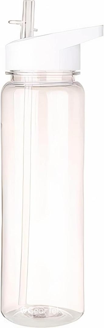 Tritan Clear Water Bottle With Straw | No Markings BPA Free 24 oz Sports Water Bottle | Leak Proof Re-Usable Flip Top Plastic Drinks Bottles for School, Office, Gym, Cycling (Clear-Straw-24oz)