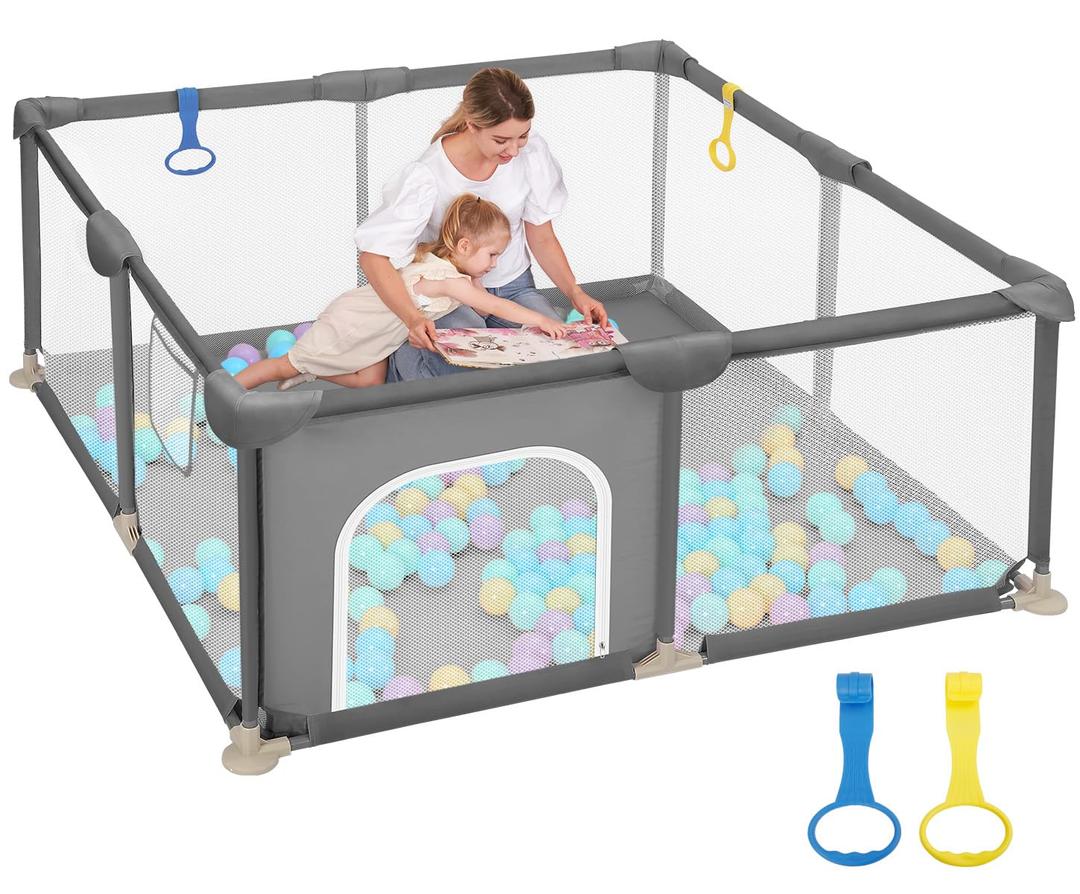 Dripex Baby Playpen, 52"52" Play Pens for Babies and Toddlers, Safe Anti-Fall Play Yard with Gates, Baby Fence with Breathable Mesh, Indoor & Outdoor Kids Activity Center, Anchor Grey (48"48")