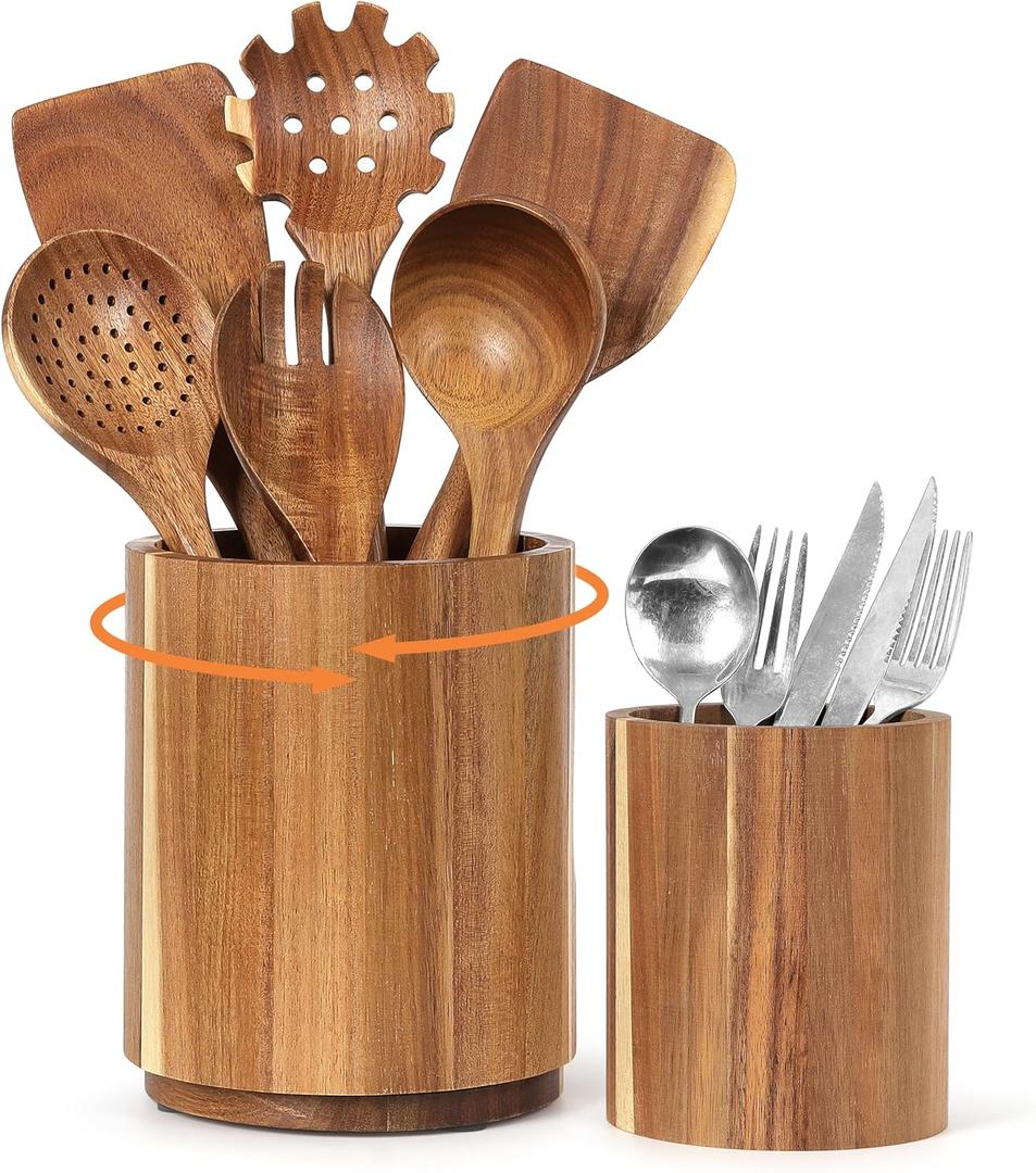 KINGSOW Utensil Holder for Kitchen Countertop: 360 Rotating Wooden Utensil Crocks - Farmhouse Cooking Spoons Organizer