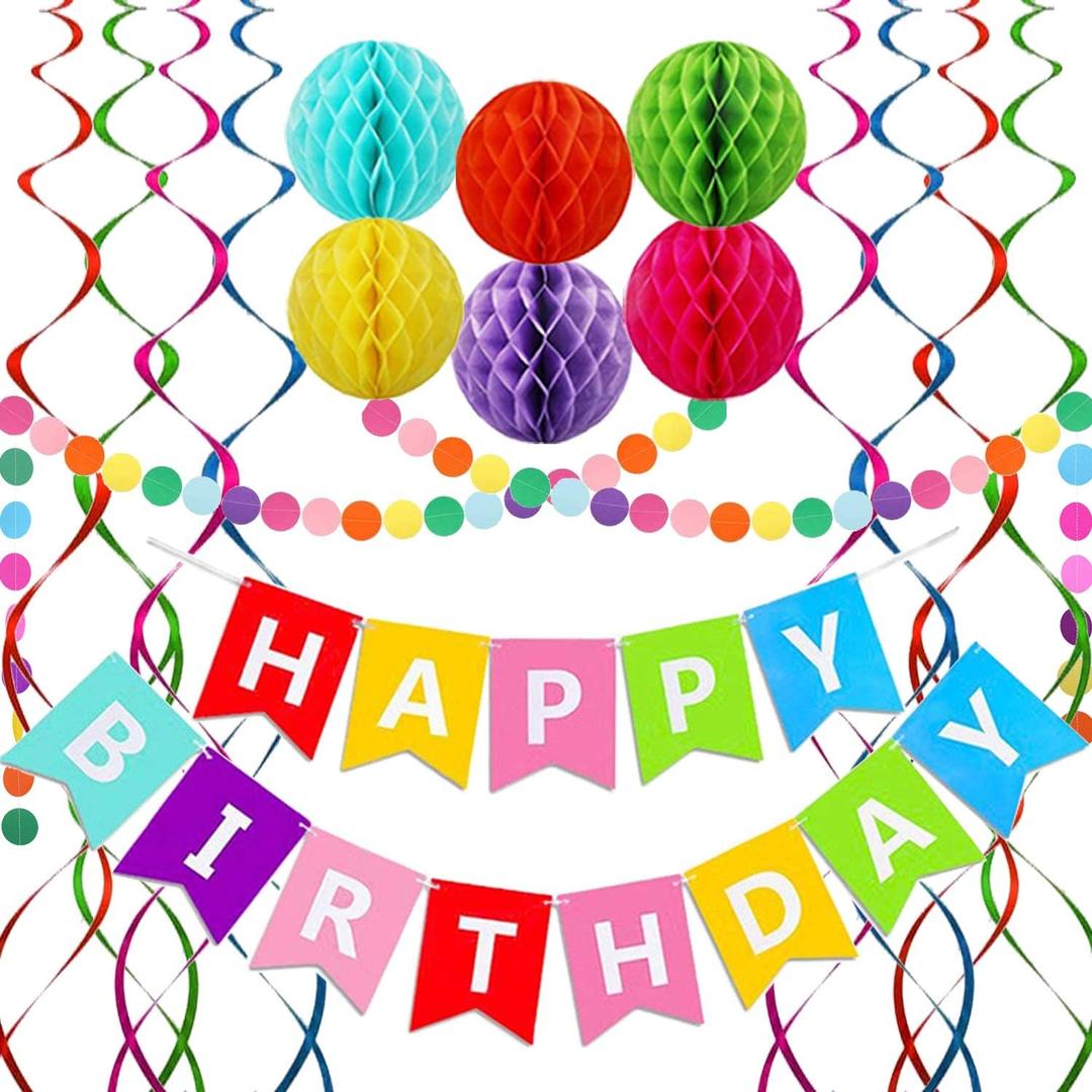 Happy Birthday Banner, Rainbow Birthday Banner, 6 Honeycomb Balls, 8 Metallic Hanging Swirls and Circle Paper Garland, Happy Birthday Decorations