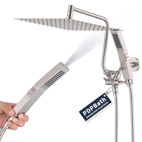 PDPBath All Metal Rainfall Shower Head with Handheld, 12'' High Pressure Rain Shower Head with Adjustable Extension Arm Z-shaped, 79" Extra Long Hose, 3-Way Diverter,