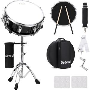 Snare Drum Set, 14" x 5.5" Marching Snare Drum with Stand & Storage Padded Bag + Silent Mute Pad + Drums Sticks + Drumstick Holder + Drums Key + Damper Gels for Adults (Black)