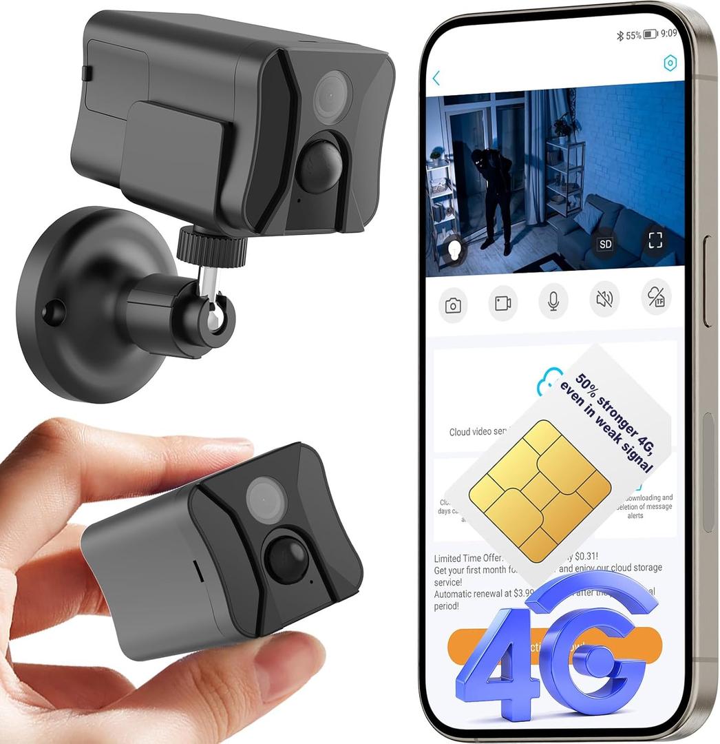 4G LTE Cellular Security Camera Indoor, Off Grid Security Camera No WiFi with Long Standby Battery Life, Night Vision, Human Detect, Portable Magnetic SIM Card Cam for Garage, Vacant House, RV, Home