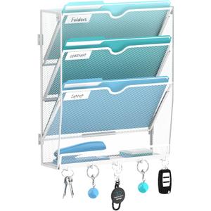 Wall File Organizer - Hanging File Organizer with 5 Hooks, Mail Holder Wall Mounted for Papers, Folders, Magazines, Bills, 4 Tier Office&School Organization, White