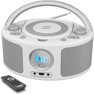 Radio CD Reproductor de CD porttil Boombox con Bluetooth, radio FM, control remoto, entrada USB y conector de auriculares AUX de 0.138 in, reproduccin de CD-R/CD-RW/MP3/WMA, alimentada por AC (Blanco)