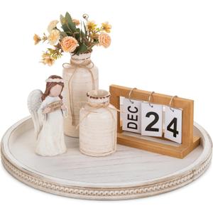 Wooden Decorative Tray, Round Serving Tray with Wood Bead, Farmhouse Big Tray for Ottoman, Countertop, Coffee Tabl,  (Retro White)