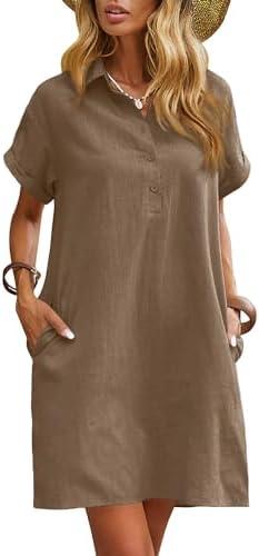 Zeagoo Womens Cotton Shirt Dress Summer Casual Short Sleeve Button Down Beach Cover Up Shirts with Pockets,S
