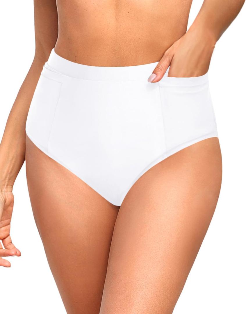 Tempt Me Women High Waisted Bikini Bottoms - Tummy Control Bathing Suit Swim Bottoms with Pockets 2025 (White), M