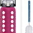 MUKOKO Half Gallon/64 oz Glass Water Bottles with Straw and Lid,Motivational Water Jug with Time Marker Reminder and Silicone Sleeve,100% Leakproof BPA Free Fitness Sports Large Bottle-Rose