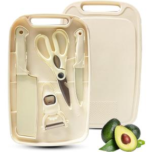 Cutting Board and Knife Set, 5 In1 Travel Cutting Boards And Knife Travel Cutting Board Kitchen Scissors and Peeler For Kitchen (Beige)