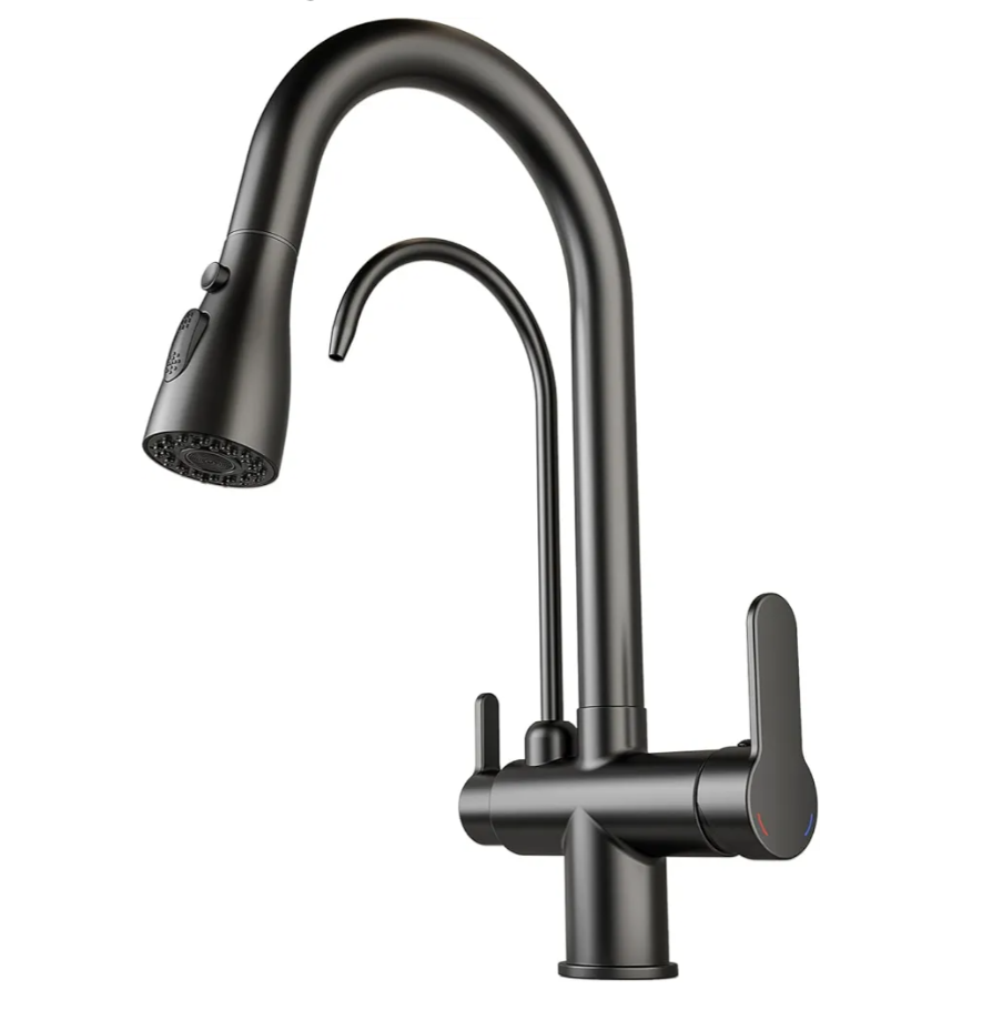 Kitchen Sink Faucet with Pull - Down Sprayer, 2 - Handle 3 - in - 1 Kitchen Sink Filter Faucet, Cold and Hot Mixer Drinking Water Faucet (Black-02)