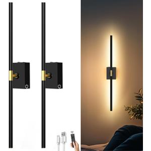 iThird Battery Operated Wall Sconces Set of 2: 10000mAh Rechargeable Wall Lights with Remote Control, 360° Rotate Wireless Wall Scone Decor for TV/ Mirror Bedroom Living Room, 31.5 Inch, Black