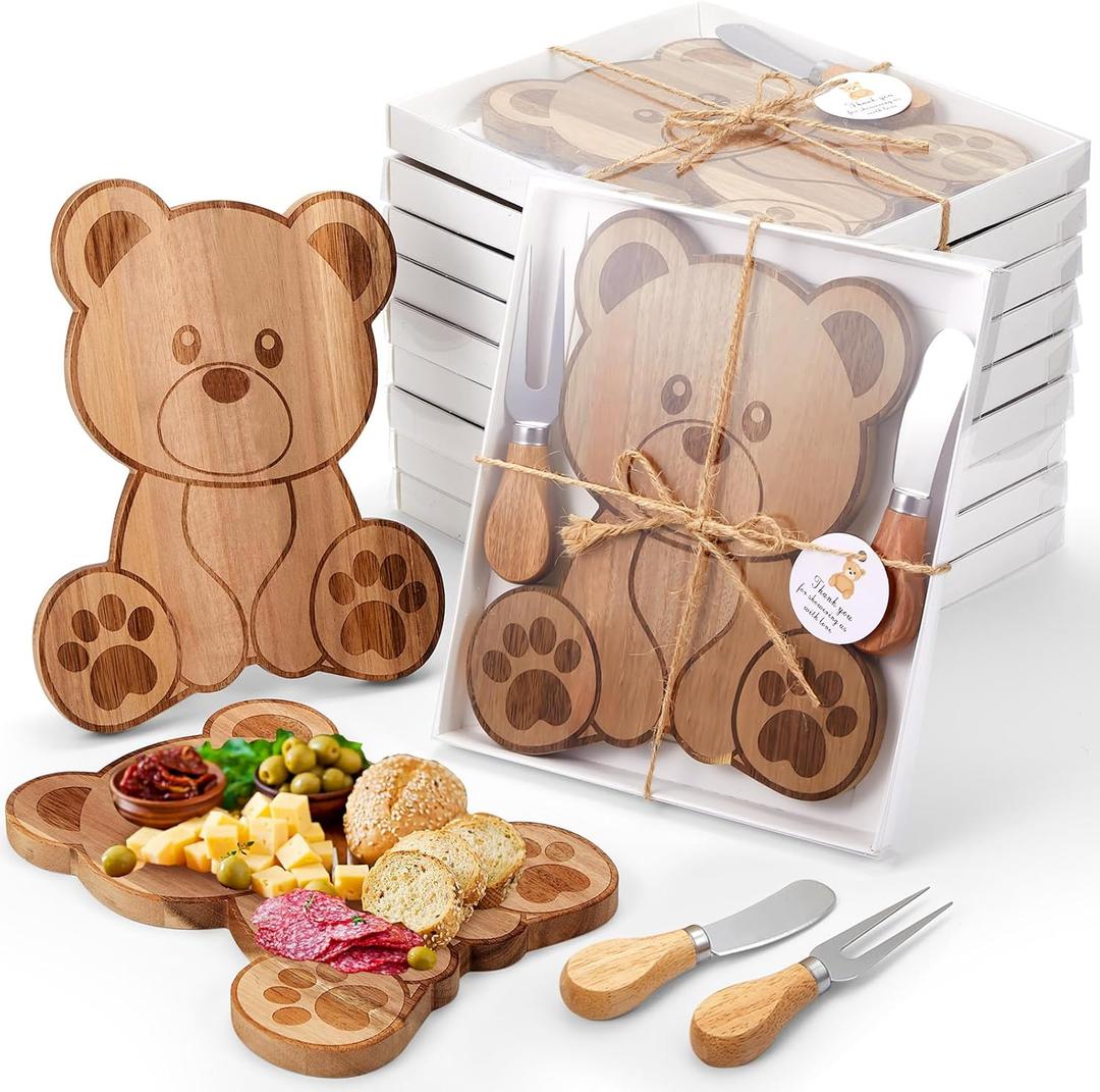 12 Set Baby Shower Prizes Game Gift Bear Shaped Cheese Board with Cheese Knives and Forks Baby Shower Party Favors Gift Box for Wedding Bridal Birthday Gender Reveal Favor (Acacia Color)
