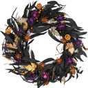 20 Inch Halloween Wreath with Olive, Maple Leaf, Pumpkin & Spider - Indoor/Outdoor Decoration for Fall & Autumn