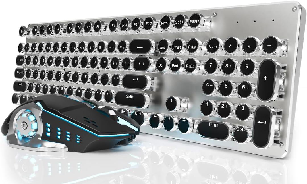 EWEADN TK950 Typewriter Mechanical Keyboard and Mouse, 104 Keys Aesthetic Typewriter Keyboard Mouse Combo with White Backlit, Anti-Ghosting, Black Switch Bluetooth/2.4GHz/Wired Cute Keyboards-Black