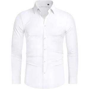 Alimens & Gentle Stretch Mens Dress Shirts Slim Fit Long Sleeve Casual Skinny Muscle Fit Wrinkle Free Button Down Shirt (XX-Large, White)