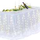14FT White Tulle Table Skirt for Rectangle or Round Tables Ruffle Tulle Tutu Cloth Desk Table Skirt with LED Lights for Birthday Party Baby Shower Gender Reveal Cake Dessert Decorations