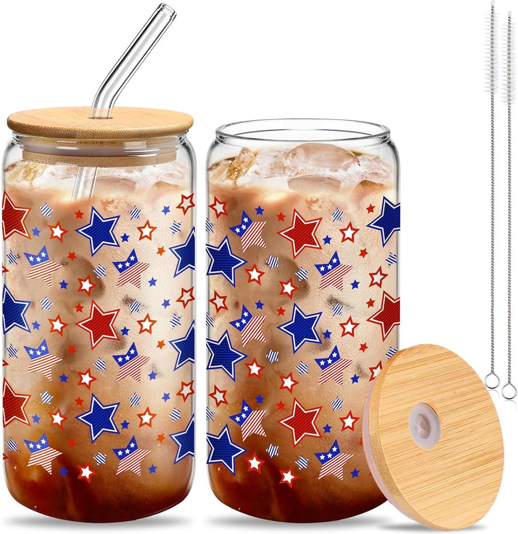 2 Pcs Patriotic Glass Cups with Bamboo Lids and Straw White Blue and Red Tumbler 16 oz Coffee Beer Cups for American Flag Independence Day Party Supplies Office Home Gifts(Star)