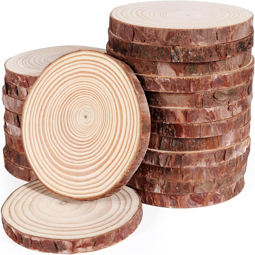 28 Pcs Wood Slices for Crafts, 3.5''-4''Natural Unfinished Wood Slices, Round Wooden Discs for WoodOrnaments Wood Coasters Rustic Weddings Centerpieces Christmas Decor DIY Crafts