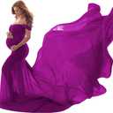 Women Maternity Dress for Photography Mermaid Off Shoulder Slim Fitted Chiffon Gown Flowy Baby Shower Maxi Photo Props Dress (One Size, Purple)