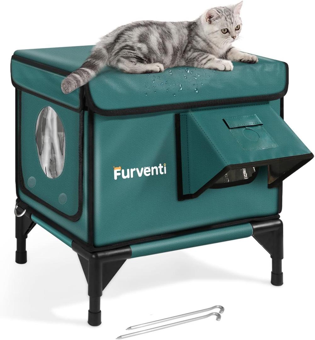 Indestructible Cat House for Outdoor Cats in Winter,Extremely Waterproof, Fully Insulated & Elevated Insulated Outdoor Cat House(Unheated) (Blackish Green, 16.0" Lx12.6 Wx17.7 Th).