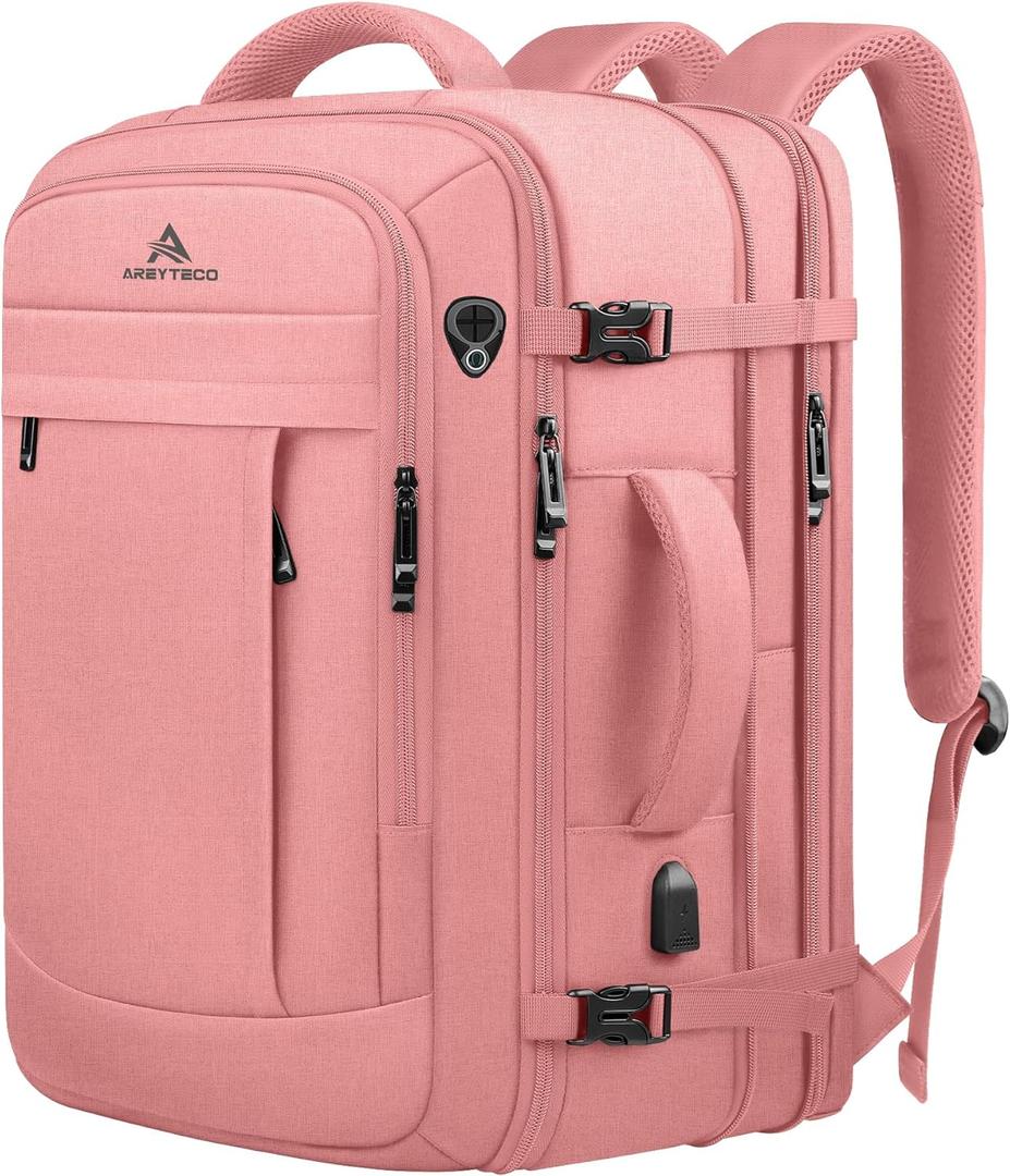 Large Travel Laptop Backpack for Women, 55L Big Capacity Expandable Extra Large Carry On Backpack, Water Resistant Big Bag Anti-Theft Business Daypack Fits 18 Inch Laptop with USB Port, Pink (18.4 Inch (22''x14''x11''))