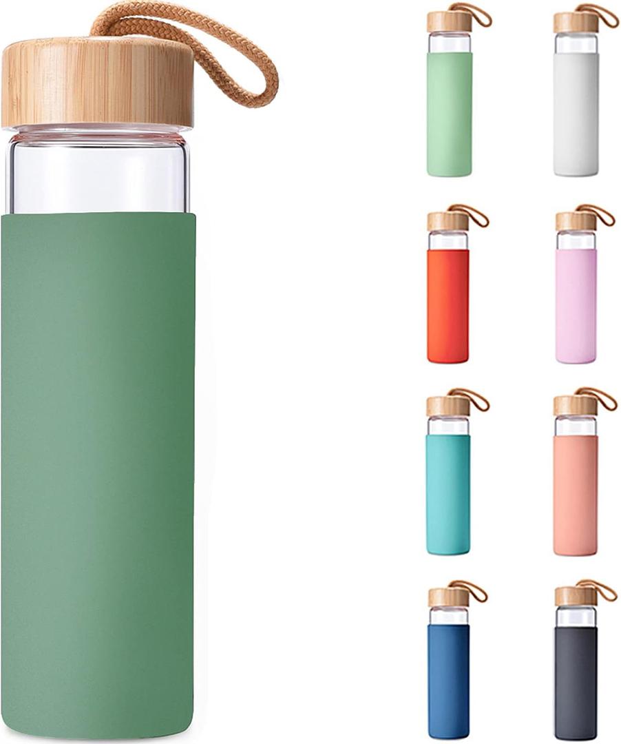 20 Oz Borosilicate Glass Water Bottle with Bamboo Lid and Silicone Sleeve  Reusable BPA Free Drinking Bottle with Lids - Cute Bottle for Women - Glass Shaker Bottle (Olive)