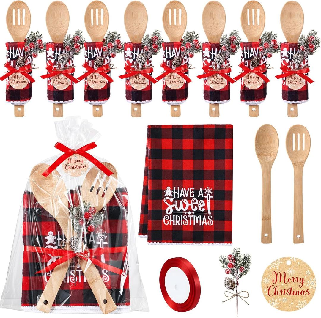 Pinkunn 8 Set Christmas Kitchen Gifts Bulk Xmas Dish Towels and Wooden Spoons Pine Picks Thank You Tag Ribbon Holiday Cooking Utensils Housewarming Gifts for Neighbor Employee Kitchen Xmas (Festive)