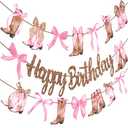 Coquette Cowgirl Birthday Party Supplies Cowgirl Boots and Bows Birthday Banners 3PCS Western Rodeo Party Decorations Bowknot Boots Cutout Banner for Wild West Bridal Shower Bachelorette Decor