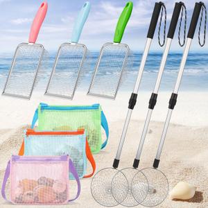 9 Pcs Shelling Tools for Beach Include Sand Sifter with Long Handle, Beach Mesh Shovel, Mesh Beach Bag Seashell Collecting Shark Tooth Sifter Dipper(Blue, Green, Pink)