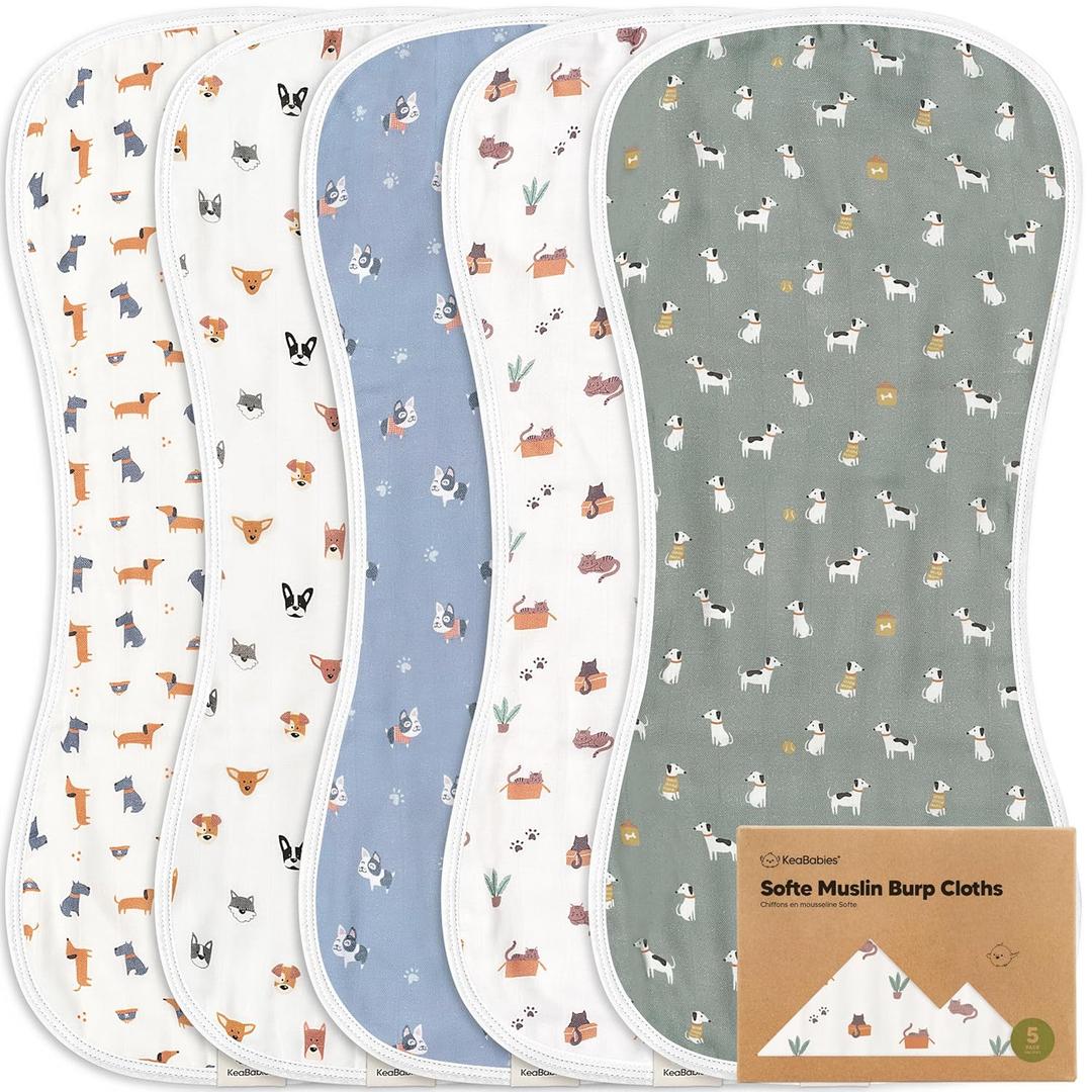 5-Pack Muslin Burp Cloths Baby Boy, Girl - Very Absorbent Baby Burp Cloth Rags, 8-Layers Viscose Derived from Bamboo Cotton Muslin Towel, Super Soft Spit Up Rags, No Shrink Washcloths(Pets & Paws)