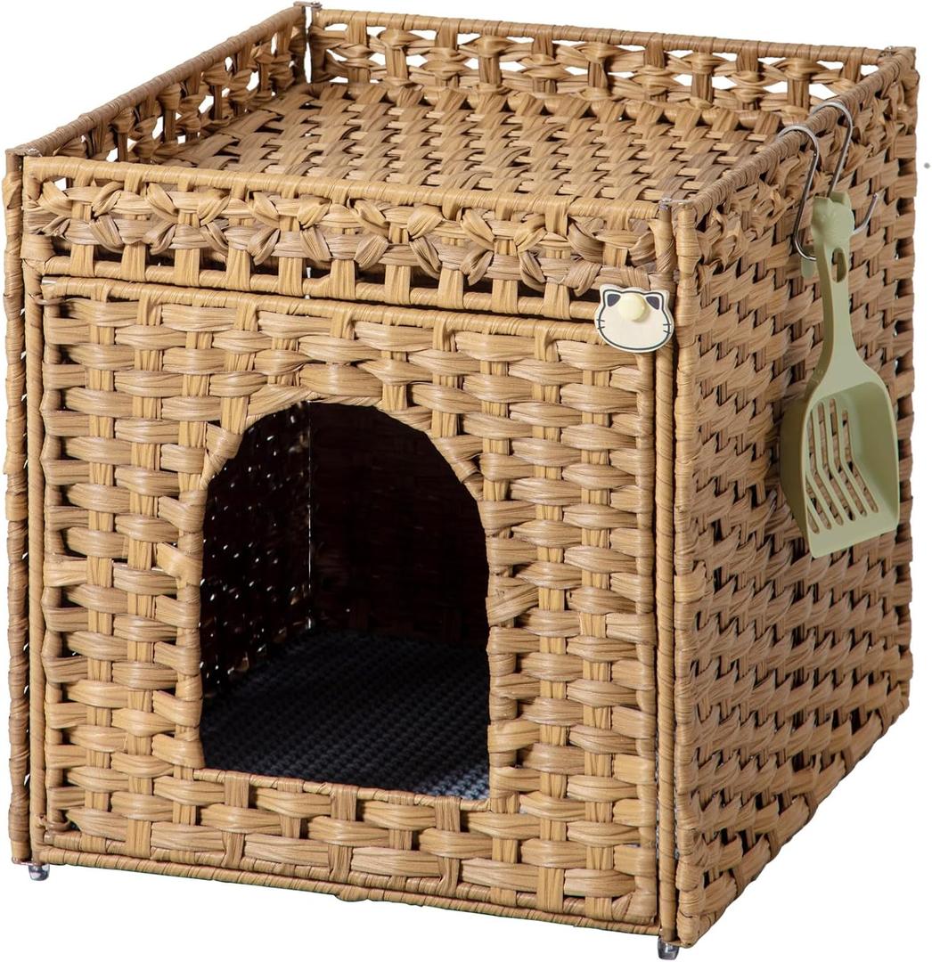 Cat Litter Box Enclosure Furniture, Hidden Litter Box with Mat and Fence, Handwoven Rattan Cat House with Two S-Shaped Hooks for Living Room, Bedroom, 18.5 x 20.5 x 19.1 Inches (Natural)