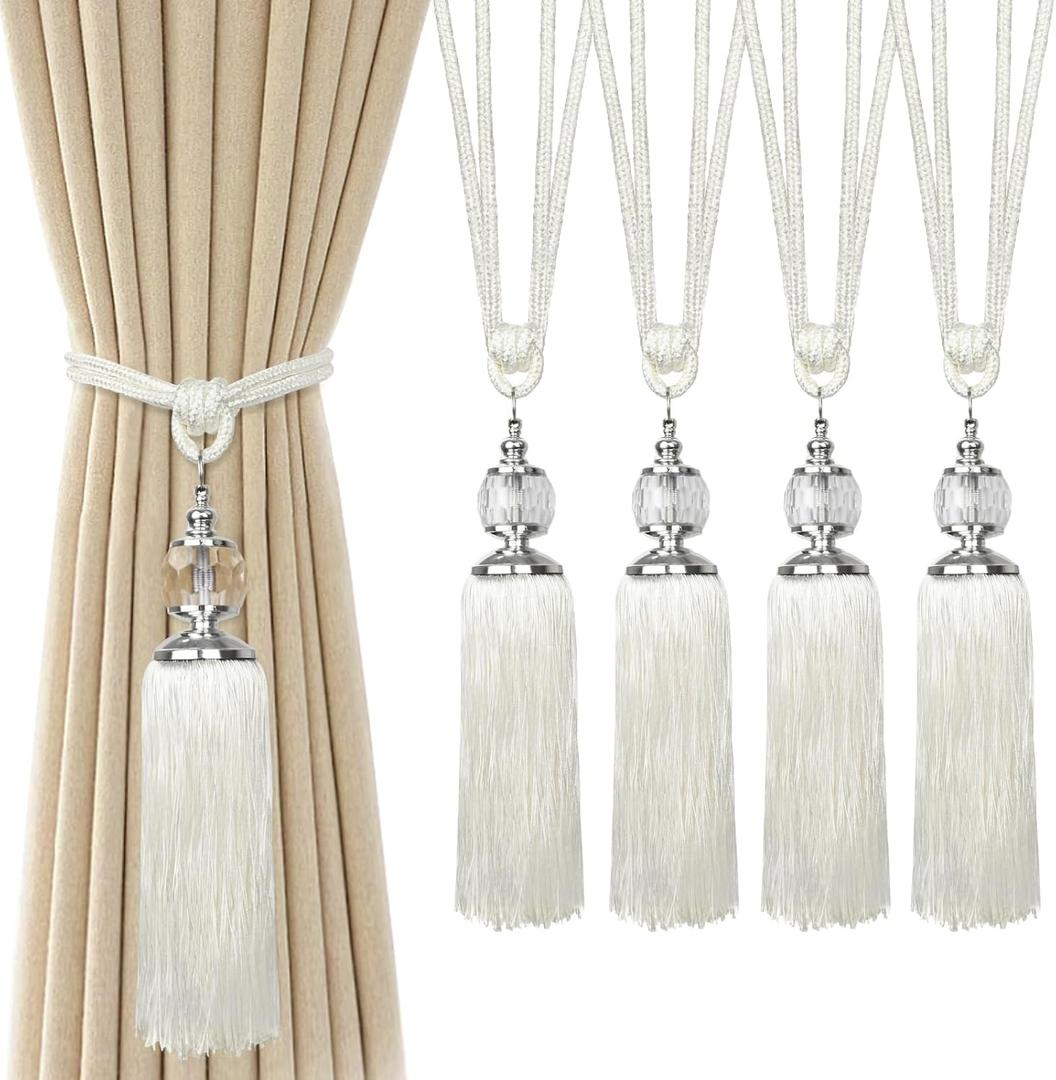 Curtain Tiebacks, 4 Pack Curtain Holdbacks Crystal Bead Tassel Curtain Tie Backs Rope Boho Outdoor Decorative Drape Tie Backs Holders, Beige White